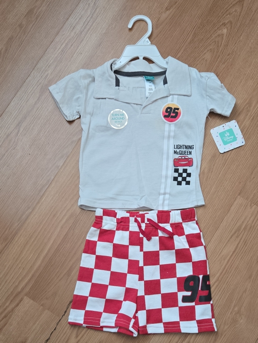 Disney Beige Polo Top & Red Checkered Shorts Lightning McQueen Set